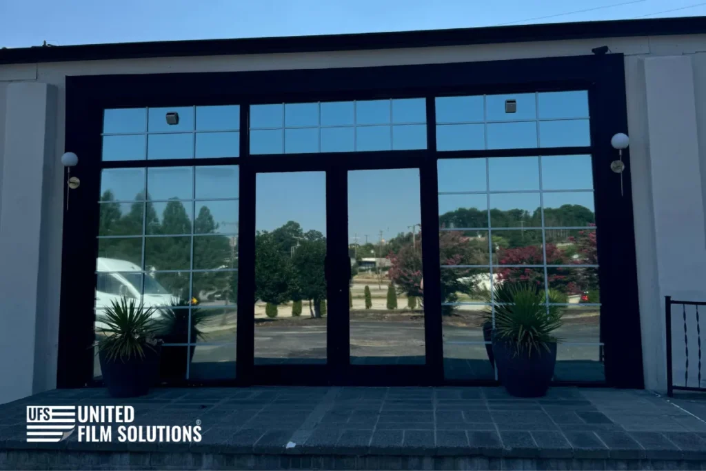 Commercial glass doors with window tinting solutions.