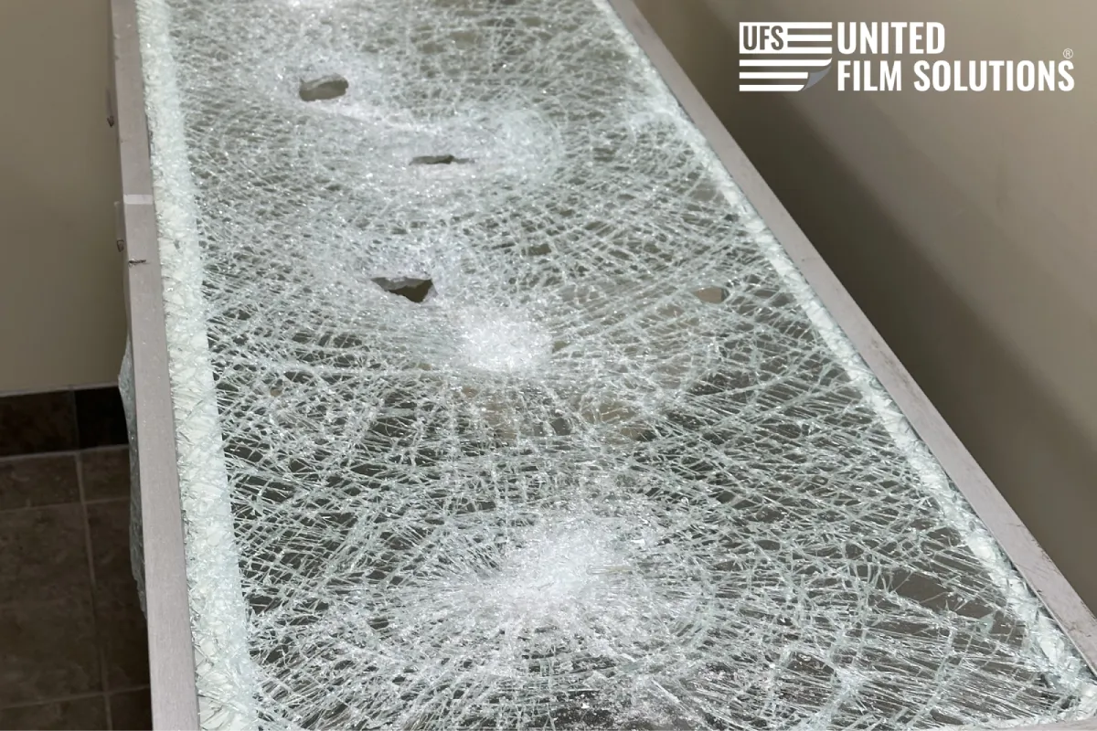 Broken glass window with shattered safety film.
