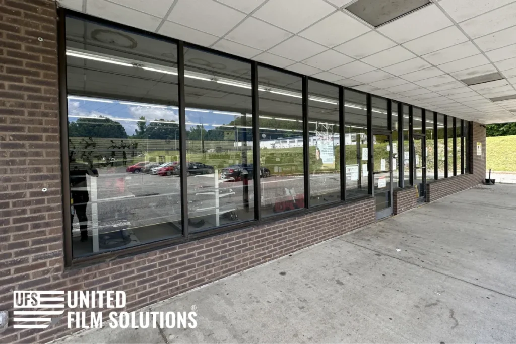 Commercial building with security window film.