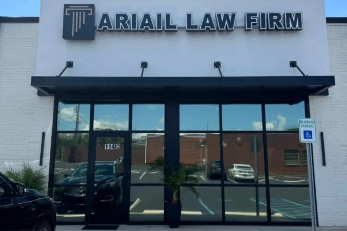 Law office storefront with commercial window film on glass panels.